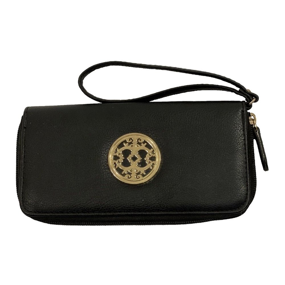 Black Single Zip Around Wristlet Wallet 8" x 4" Basic Pocketbook With Medalion